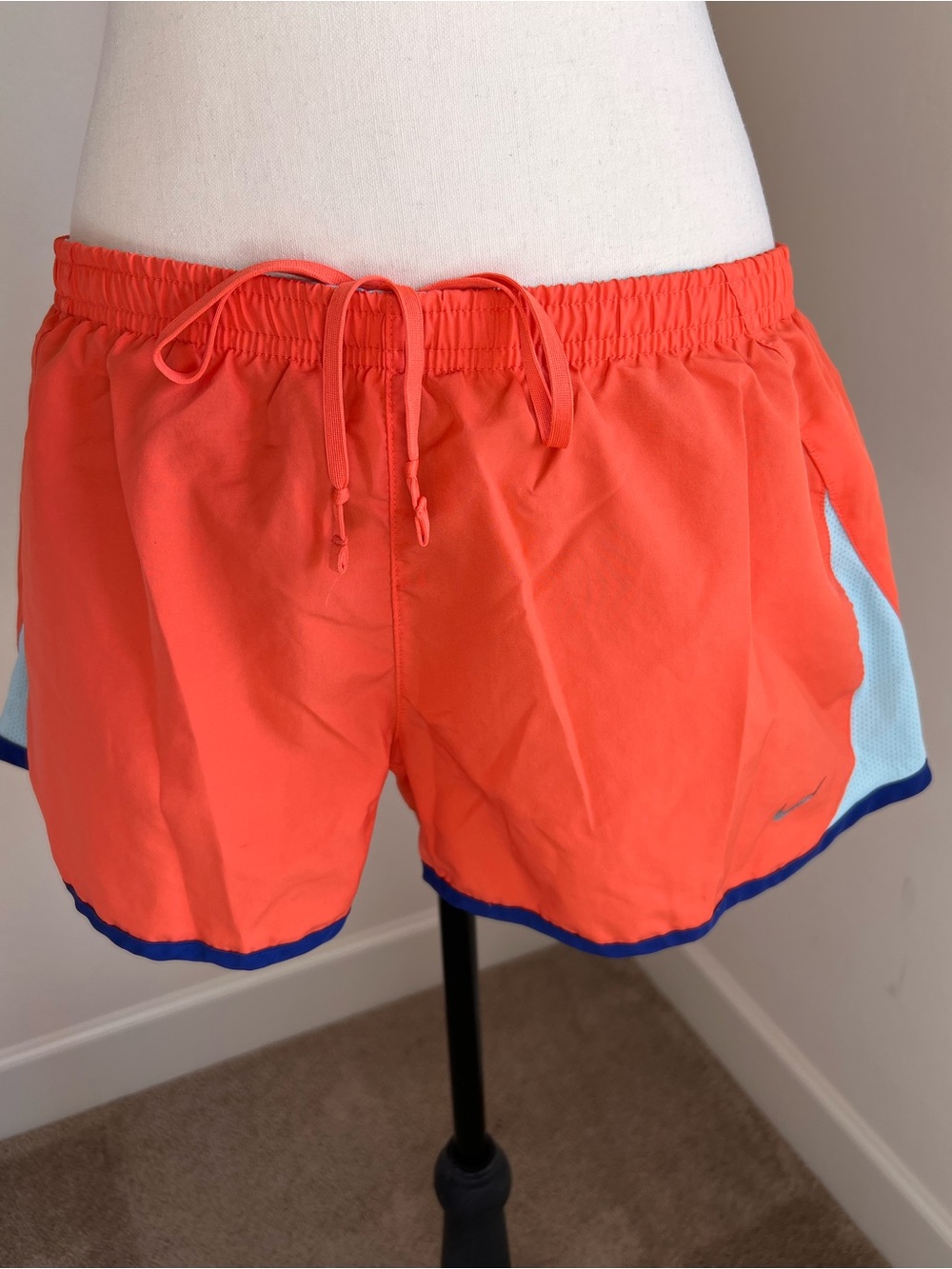 Nike Women’s Coral Athletic Shorts with Light Blue and Navy Trim Size L